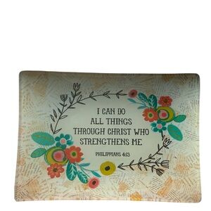 NATURAL LIFE Floral Oval Wreath Glass Tray in Cream, Teal, Coral